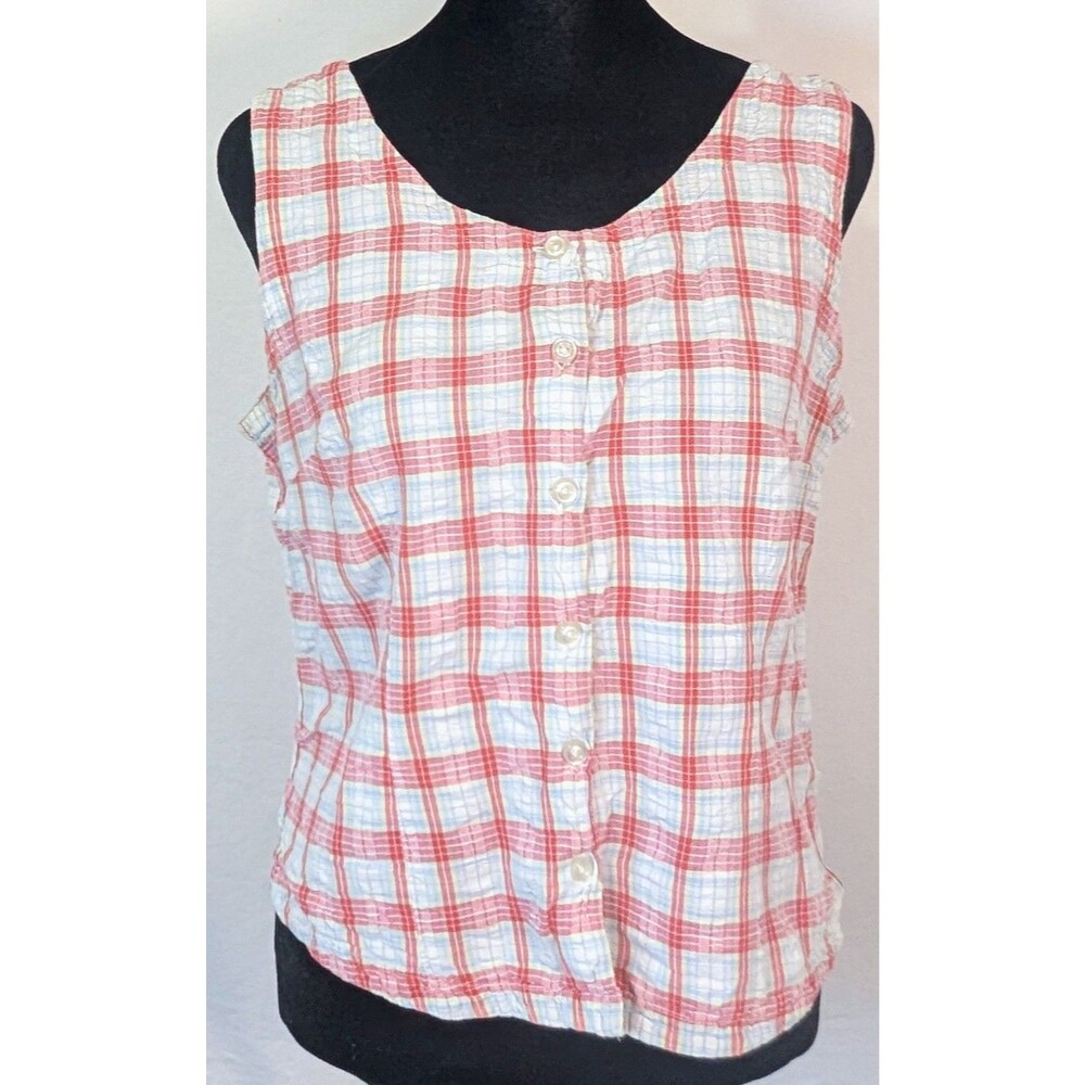 Faded Glory Women's 100% Cotton Plaid Sleeveless Button Down Tank Top Size M